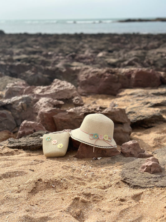 306-Ensemble Chapeau et sac Daisy beige